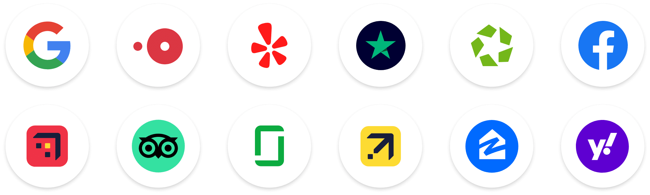 Review sources logos: Google, OpenTable, Yelp, Trustpilot, Apartments.com, Facebook, Hotels.com, TripAdvisor, Glassdoor, Expedia, Zillow, Yahoo